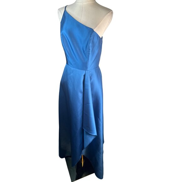 Alfred Sung Classic Blue 4R One-Shoulder Asymmetrical Gown Polyester Formal - Picture 3 of 16
